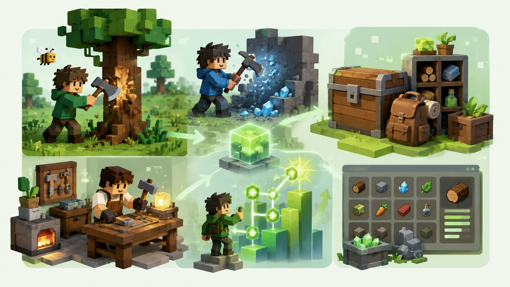 Block-style game systems for harvesting, storage, crafting, inventory, and skills
